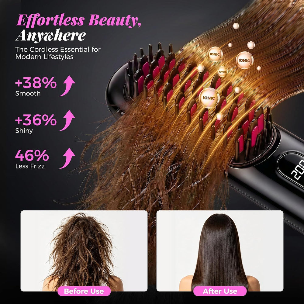 Go Brush Pro 2026, Cordless Hair Straightener Brush, Mini Hair Straightener with 4 Temperature Settings, Portable Hair Straightener Brush with MCH Heating and Ionic & Ceramic Care for Women (Black)