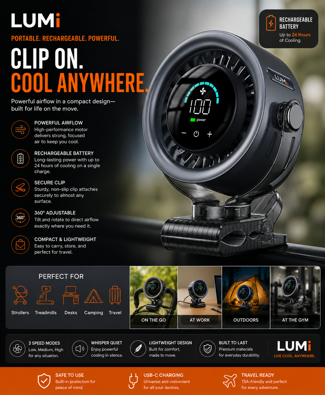 LUMI™ Portable 100 Speed Clip-On Fan